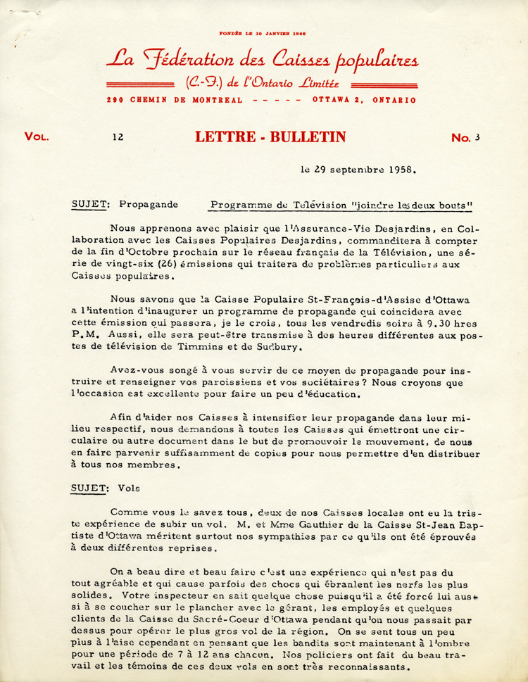 Reproduction de la premi&egrave;re page de la Lettre-bulletin de la F&eacute;d&eacute;ration des caisses populaires canadiennes-fran&ccedil;aises de l’Ontario, 29 septembre 1958.