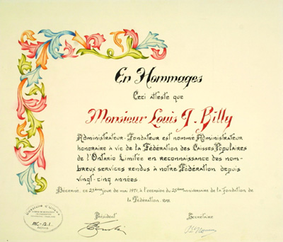 Reproduction du certificat d’administrateur honoraire de la F&eacute;d&eacute;ration des caisses populaires de l’Ontario d&eacute;cern&eacute; &agrave; Louis-Joseph Billy, 23 mai 1971.