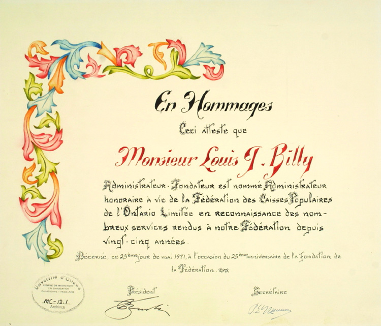 Reproduction du certificat d’administrateur honoraire de la F&eacute;d&eacute;ration des caisses populaires de l’Ontario d&eacute;cern&eacute; &agrave; Louis-Joseph Billy, 23 mai 1971.