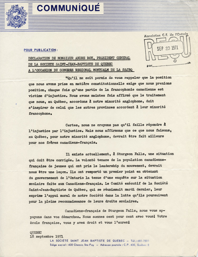 Reproduction d’un communiqu&eacute; de presse de la Soci&eacute;t&eacute; Saint-Jean-Baptiste de Qu&eacute;bec, comprenant une d&eacute;claration de son pr&eacute;sident g&eacute;n&eacute;ral, Andr&eacute; Roy, appuyant les francophones de Sturgeon Falls (Ontario), 18 septembre 1971.