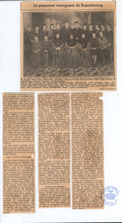 Reproduction de la deuxi&egrave;me partie d’un article paru dans le journal Le Droit au sujet du congr&egrave;s tenu dans le district d’inspection de Cochrane-Nord, &agrave; Kapuskasing (Ontario), le 19 octobre 1939, et organis&eacute; par l’Association de l’enseignement fran&ccedil;ais de l’Ontario, 27 octobre 1939.