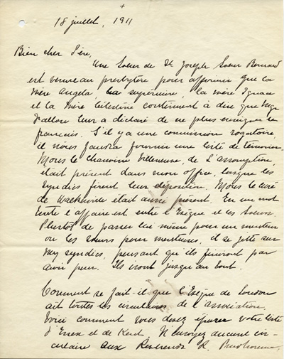 Reproduction de la premi&egrave;re page d’une lettre de L.A (Lucien-Alexandre) Beaudoin, cur&eacute; de Walkerville (Ontario), au p&egrave;re Charles Charlebois, directeur du secr&eacute;tariat de l’Association canadienne-fran&ccedil;aise d’&eacute;ducation d’Ontario (ACFEO), 18 juillet 1911.