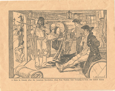 Reproduction du troisi&egrave;me dessin de The Evolution of Canadian Commerce. Seven Drawings in Pen and Ink, par Charles W. Jefferys, repr&eacute;sentant un magasin en bois rond o&ugrave; les Autochtones viennent &eacute;changer leurs fourrures contre divers biens, y compris des armes &agrave; feu, &agrave; l’&eacute;poque o&ugrave; r&egrave;gne la libre concurrence dans le commerce des fourrures, vers la fin du dix-septi&egrave;me si&egrave;cle, ca 1780, 1909.