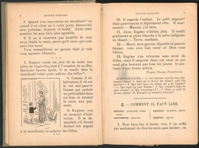 Reproduction de la deuxi&egrave;me et de la troisi&egrave;me page du manuel Lecture courante : cours &eacute;l&eacute;mentaire des Fr&egrave;res de l’instruction chr&eacute;tienne, 1915.