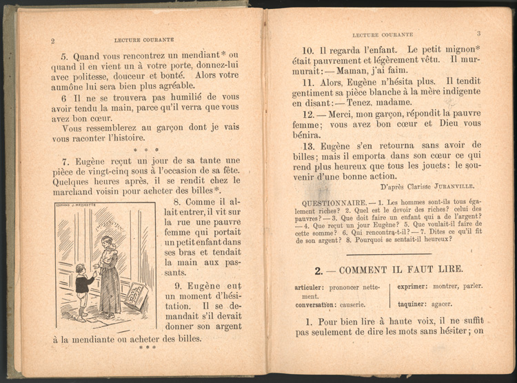 Reproduction de la deuxi&egrave;me et de la troisi&egrave;me page du manuel Lecture courante : cours &eacute;l&eacute;mentaire des Fr&egrave;res de l’instruction chr&eacute;tienne, 1915.