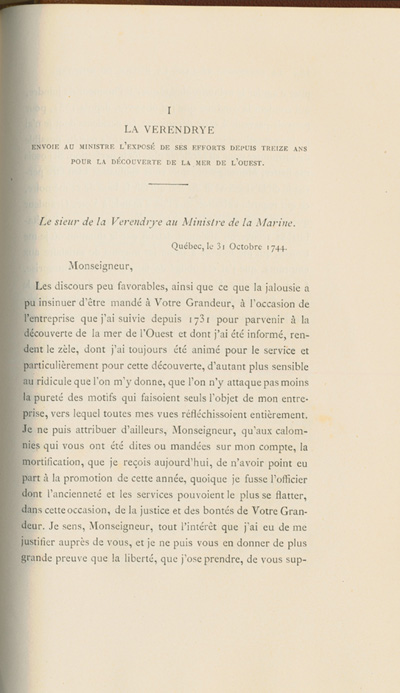 Reproduction de la cinq cent quatre-vingt-troisi&egrave;me page du sixi&egrave;me volume de D&eacute;couverte et &eacute;tablissements des Fran&ccedil;ais dans l’ouest et dans le sud de l’Am&eacute;rique septentrionale, 1614-1754, de Pierre Margry, comprenant une lettre et un m&eacute;moire de Pierre Gaultier de Varennes, sieur de La V&eacute;rendrye, en date du 31 octobre 1744, qui fait &eacute;tat de ses exp&eacute;ditions vers l’Ouest et des difficult&eacute;s rencontr&eacute;es, 1879-1888.