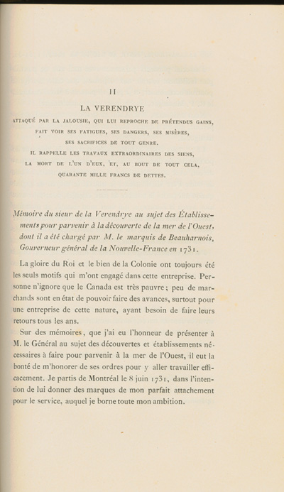 Reproduction de la cinq cent quatre-vingt-cinqui&egrave;me page du sixi&egrave;me volume de D&eacute;couverte et &eacute;tablissements des Fran&ccedil;ais dans l’ouest et dans le sud de l’Am&eacute;rique septentrionale, 1614-1754, de Pierre Margry, comprenant une lettre et un m&eacute;moire de Pierre Gaultier de Varennes, sieur de La V&eacute;rendrye, en date du 31 octobre 1744, qui fait &eacute;tat de ses exp&eacute;ditions vers l’Ouest et des difficult&eacute;s rencontr&eacute;es, 1879-1888.