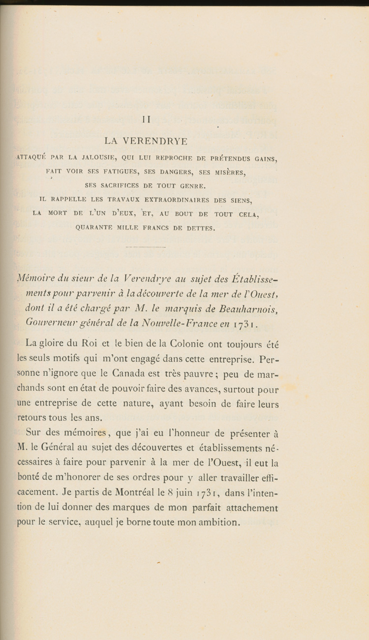 Reproduction de la cinq cent quatre-vingt-cinqui&egrave;me page du sixi&egrave;me volume de D&eacute;couverte et &eacute;tablissements des Fran&ccedil;ais dans l’ouest et dans le sud de l’Am&eacute;rique septentrionale, 1614-1754, de Pierre Margry, comprenant une lettre et un m&eacute;moire de Pierre Gaultier de Varennes, sieur de La V&eacute;rendrye, en date du 31 octobre 1744, qui fait &eacute;tat de ses exp&eacute;ditions vers l’Ouest et des difficult&eacute;s rencontr&eacute;es, 1879-1888.