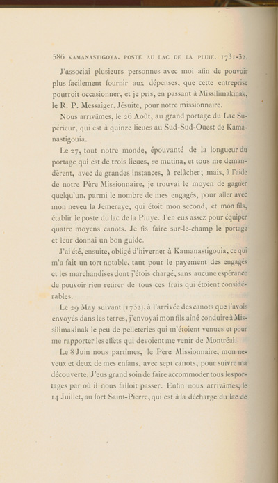 Reproduction de la cinq cent quatre-vingt-sixi&egrave;me page du sixi&egrave;me volume de D&eacute;couverte et &eacute;tablissements des Fran&ccedil;ais dans l’ouest et dans le sud de l’Am&eacute;rique septentrionale, 1614-1754, de Pierre Margry, comprenant une lettre et un m&eacute;moire de Pierre Gaultier de Varennes, sieur de La V&eacute;rendrye, en date du 31 octobre 1744, qui fait &eacute;tat de ses exp&eacute;ditions vers l’Ouest et des difficult&eacute;s rencontr&eacute;es, 1879-1888.