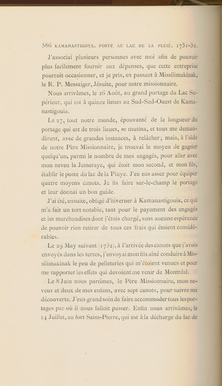 Reproduction de la cinq cent quatre-vingt-sixi&egrave;me page du sixi&egrave;me volume de D&eacute;couverte et &eacute;tablissements des Fran&ccedil;ais dans l’ouest et dans le sud de l’Am&eacute;rique septentrionale, 1614-1754, de Pierre Margry, comprenant une lettre et un m&eacute;moire de Pierre Gaultier de Varennes, sieur de La V&eacute;rendrye, en date du 31 octobre 1744, qui fait &eacute;tat de ses exp&eacute;ditions vers l’Ouest et des difficult&eacute;s rencontr&eacute;es, 1879-1888.