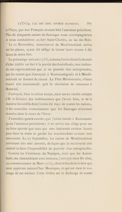 Reproduction de la cinq cent quatre-vingt-septi&egrave;me page du sixi&egrave;me volume de D&eacute;couverte et &eacute;tablissements des Fran&ccedil;ais dans l’ouest et dans le sud de l’Am&eacute;rique septentrionale, 1614-1754, de Pierre Margry, comprenant une lettre et un m&eacute;moire de Pierre Gaultier de Varennes, sieur de La V&eacute;rendrye, en date du 31 octobre 1744, qui fait &eacute;tat de ses exp&eacute;ditions vers l’Ouest et des difficult&eacute;s rencontr&eacute;es, 1879-1888.