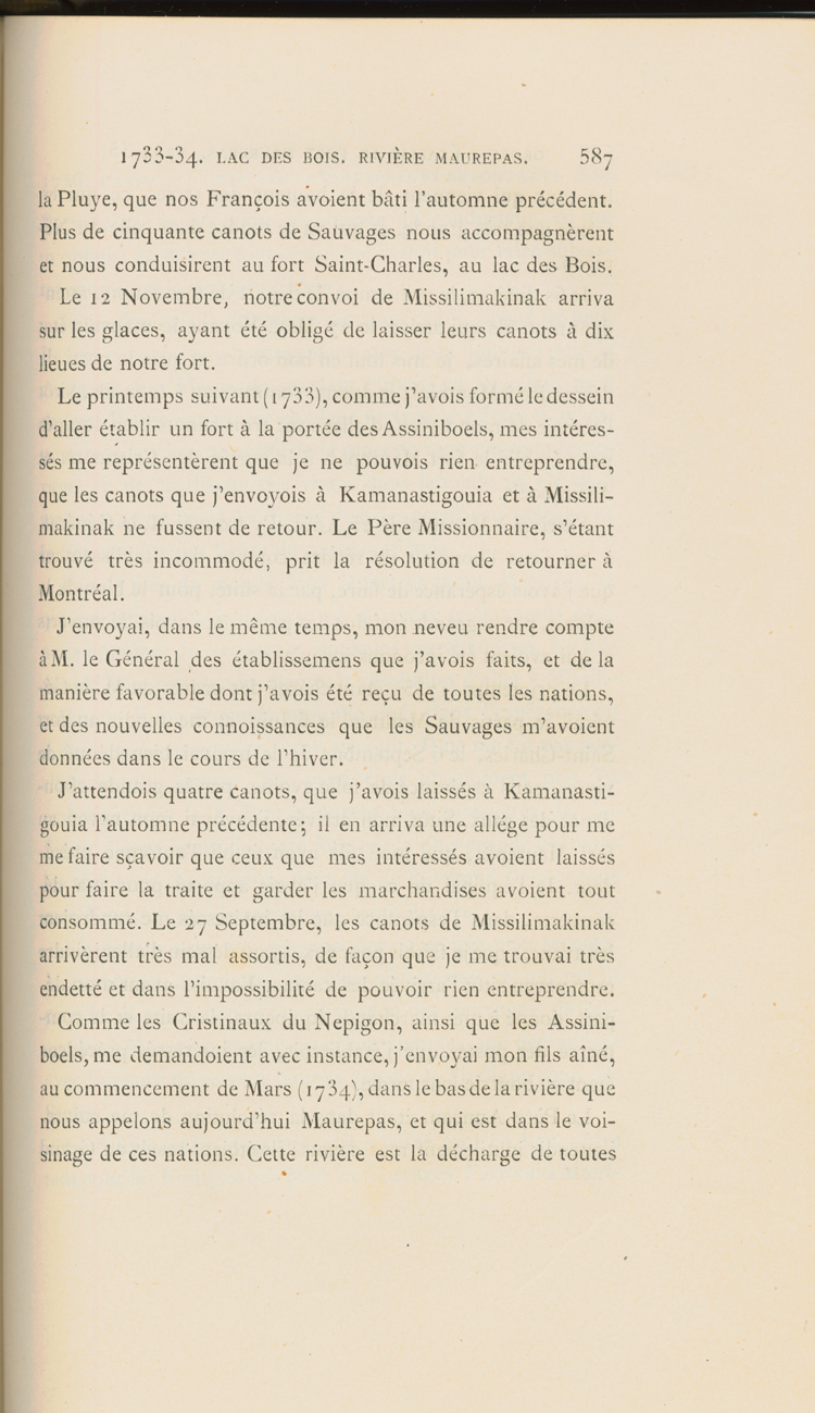 Reproduction de la cinq cent quatre-vingt-septi&egrave;me page du sixi&egrave;me volume de D&eacute;couverte et &eacute;tablissements des Fran&ccedil;ais dans l’ouest et dans le sud de l’Am&eacute;rique septentrionale, 1614-1754, de Pierre Margry, comprenant une lettre et un m&eacute;moire de Pierre Gaultier de Varennes, sieur de La V&eacute;rendrye, en date du 31 octobre 1744, qui fait &eacute;tat de ses exp&eacute;ditions vers l’Ouest et des difficult&eacute;s rencontr&eacute;es, 1879-1888.