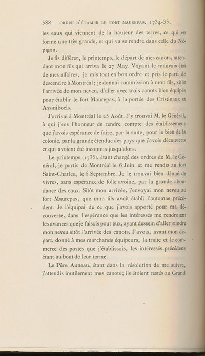 Reproduction de la cinq cent quatre-vingt-huiti&egrave;me page du sixi&egrave;me volume de D&eacute;couverte et &eacute;tablissements des Fran&ccedil;ais dans l’ouest et dans le sud de l’Am&eacute;rique septentrionale, 1614-1754, de Pierre Margry, comprenant une lettre et un m&eacute;moire de Pierre Gaultier de Varennes, sieur de La V&eacute;rendrye, en date du 31 octobre 1744, qui fait &eacute;tat de ses exp&eacute;ditions vers l’Ouest et des difficult&eacute;s rencontr&eacute;es, 1879-1888.