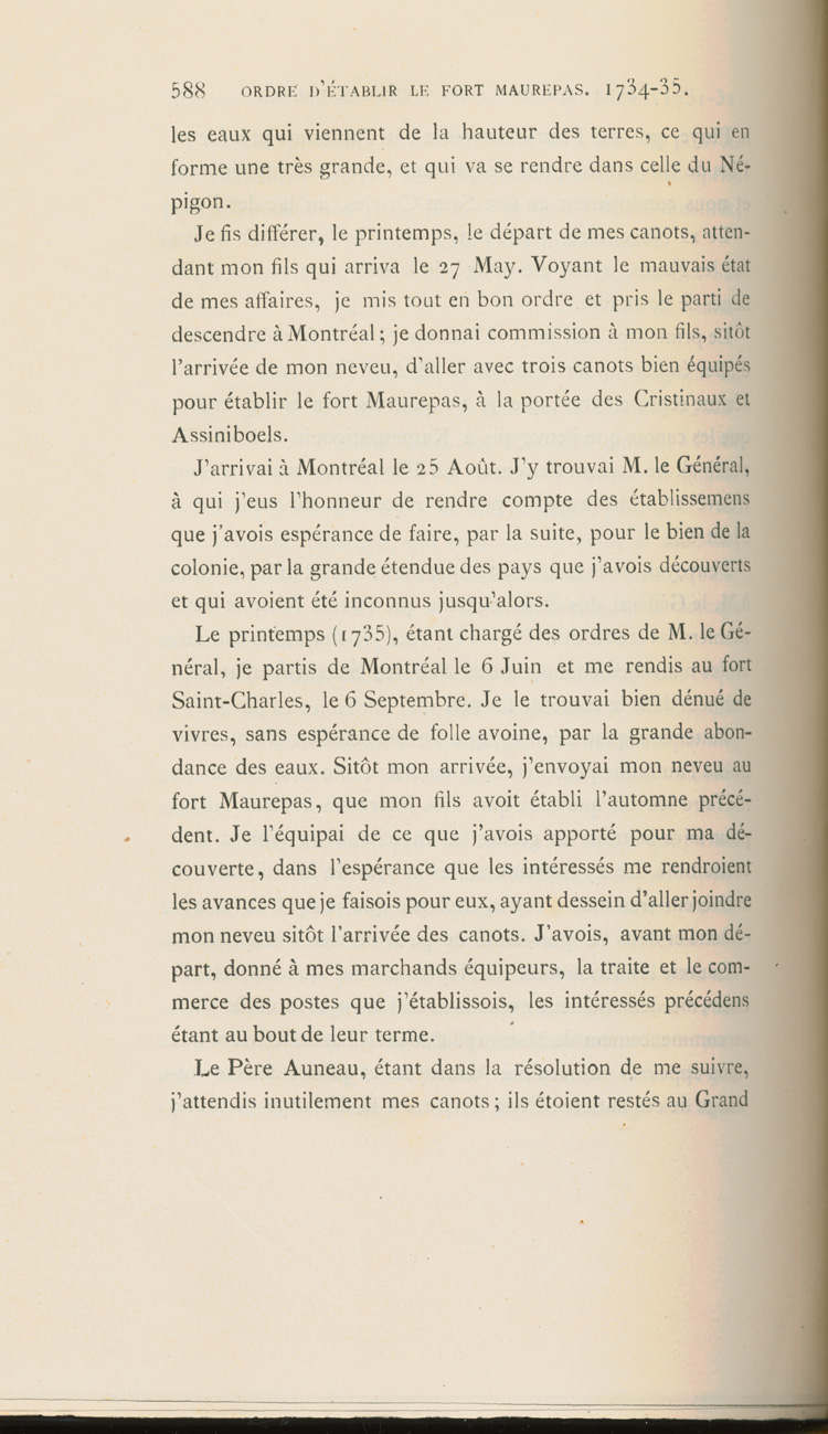 Reproduction de la cinq cent quatre-vingt-huiti&egrave;me page du sixi&egrave;me volume de D&eacute;couverte et &eacute;tablissements des Fran&ccedil;ais dans l’ouest et dans le sud de l’Am&eacute;rique septentrionale, 1614-1754, de Pierre Margry, comprenant une lettre et un m&eacute;moire de Pierre Gaultier de Varennes, sieur de La V&eacute;rendrye, en date du 31 octobre 1744, qui fait &eacute;tat de ses exp&eacute;ditions vers l’Ouest et des difficult&eacute;s rencontr&eacute;es, 1879-1888.