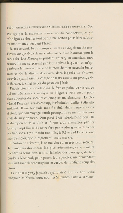 Reproduction de la cinq cent quatre-vingt-neuvi&egrave;me page du sixi&egrave;me volume de D&eacute;couverte et &eacute;tablissements des Fran&ccedil;ais dans l’ouest et dans le sud de l’Am&eacute;rique septentrionale, 1614-1754, de Pierre Margry, comprenant une lettre et un m&eacute;moire de Pierre Gaultier de Varennes, sieur de La V&eacute;rendrye, en date du 31 octobre 1744, qui fait &eacute;tat de ses exp&eacute;ditions vers l’Ouest et des difficult&eacute;s rencontr&eacute;es, 1879-1888.