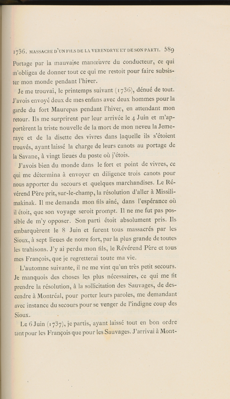 Reproduction de la cinq cent quatre-vingt-neuvi&egrave;me page du sixi&egrave;me volume de D&eacute;couverte et &eacute;tablissements des Fran&ccedil;ais dans l’ouest et dans le sud de l’Am&eacute;rique septentrionale, 1614-1754, de Pierre Margry, comprenant une lettre et un m&eacute;moire de Pierre Gaultier de Varennes, sieur de La V&eacute;rendrye, en date du 31 octobre 1744, qui fait &eacute;tat de ses exp&eacute;ditions vers l’Ouest et des difficult&eacute;s rencontr&eacute;es, 1879-1888.