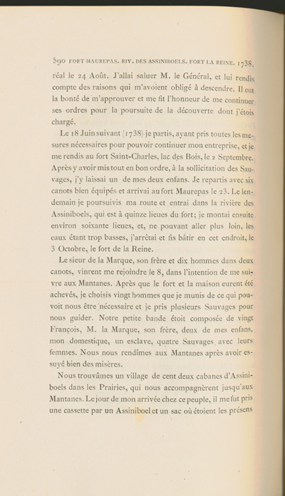 Reproduction de la cinq cent quatre-vingt-dixi&egrave;me page du sixi&egrave;me volume de D&eacute;couverte et &eacute;tablissements des Fran&ccedil;ais dans l’ouest et dans le sud de l’Am&eacute;rique septentrionale, 1614-1754, de Pierre Margry, comprenant une lettre et un m&eacute;moire de Pierre Gaultier de Varennes, sieur de La V&eacute;rendrye, en date du 31 octobre 1744, qui fait &eacute;tat de ses exp&eacute;ditions vers l’Ouest et des difficult&eacute;s rencontr&eacute;es, 1879-1888.