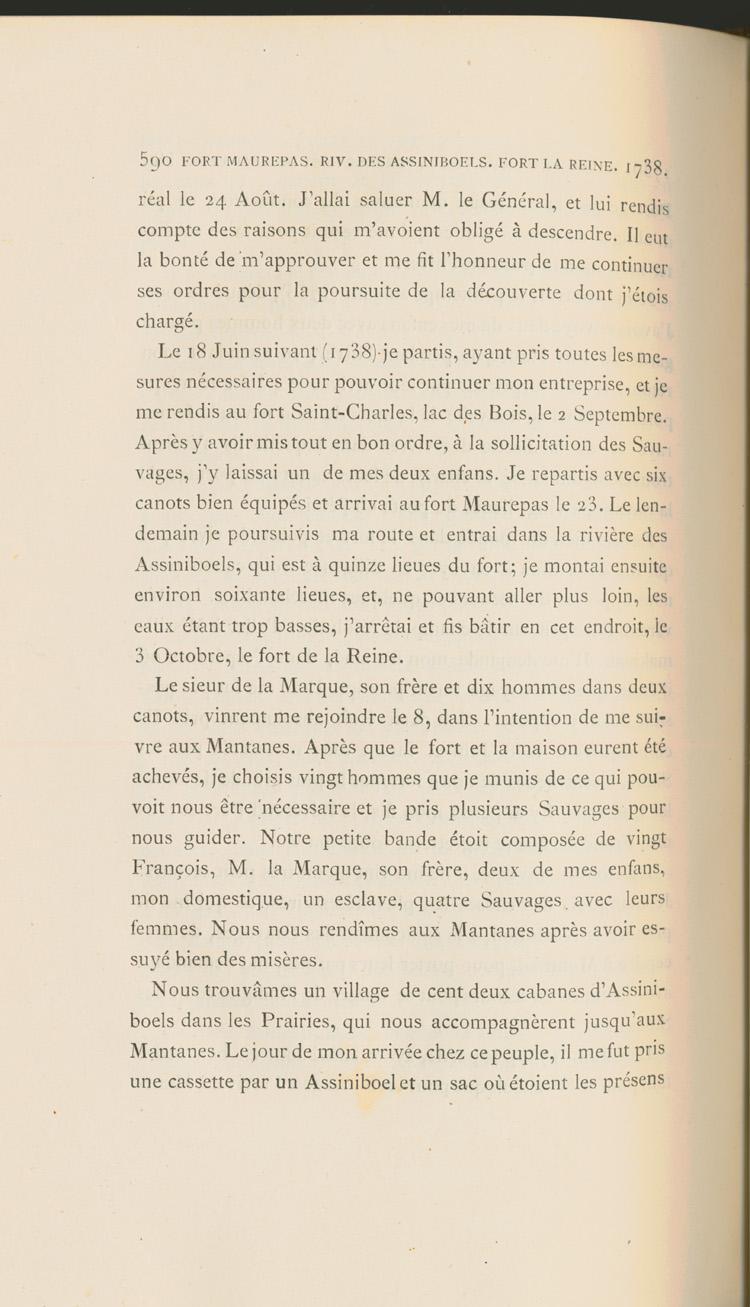 Reproduction de la cinq cent quatre-vingt-dixi&egrave;me page du sixi&egrave;me volume de D&eacute;couverte et &eacute;tablissements des Fran&ccedil;ais dans l’ouest et dans le sud de l’Am&eacute;rique septentrionale, 1614-1754, de Pierre Margry, comprenant une lettre et un m&eacute;moire de Pierre Gaultier de Varennes, sieur de La V&eacute;rendrye, en date du 31 octobre 1744, qui fait &eacute;tat de ses exp&eacute;ditions vers l’Ouest et des difficult&eacute;s rencontr&eacute;es, 1879-1888.