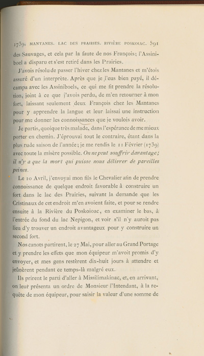 Reproduction de la cinq cent quatre vingt onzi&egrave;me page du sixi&egrave;me volume de D&eacute;couverte et &eacute;tablissements des Fran&ccedil;ais dans l’ouest et dans le sud de l’Am&eacute;rique septentrionale, 1614-1754, de Pierre Margry, comprenant une lettre et un m&eacute;moire de Pierre Gaultier de Varennes, sieur de La V&eacute;rendrye, en date du 31 octobre 1744, qui fait &eacute;tat de ses exp&eacute;ditions vers l’Ouest et des difficult&eacute;s rencontr&eacute;es, 1879-1888.