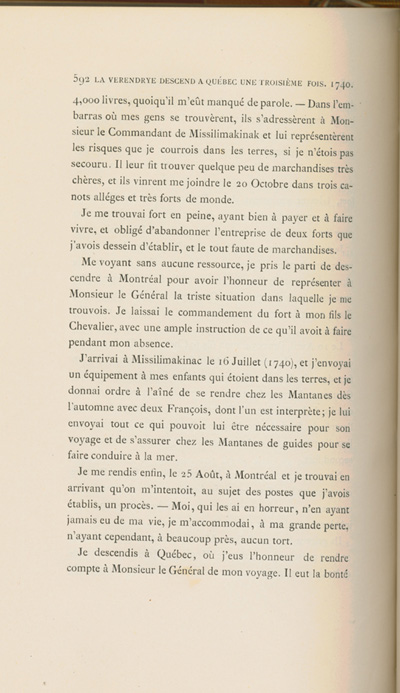 Reproduction de la cinq cent quatre-vingt-douzi&egrave;me page du sixi&egrave;me volume de D&eacute;couverte et &eacute;tablissements des Fran&ccedil;ais dans l’ouest et dans le sud de l’Am&eacute;rique septentrionale, 1614-1754, de Pierre Margry, comprenant une lettre et un m&eacute;moire de Pierre Gaultier de Varennes, sieur de La V&eacute;rendrye, en date du 31 octobre 1744, qui fait &eacute;tat de ses exp&eacute;ditions vers l’Ouest et des difficult&eacute;s rencontr&eacute;es, 1879-1888.