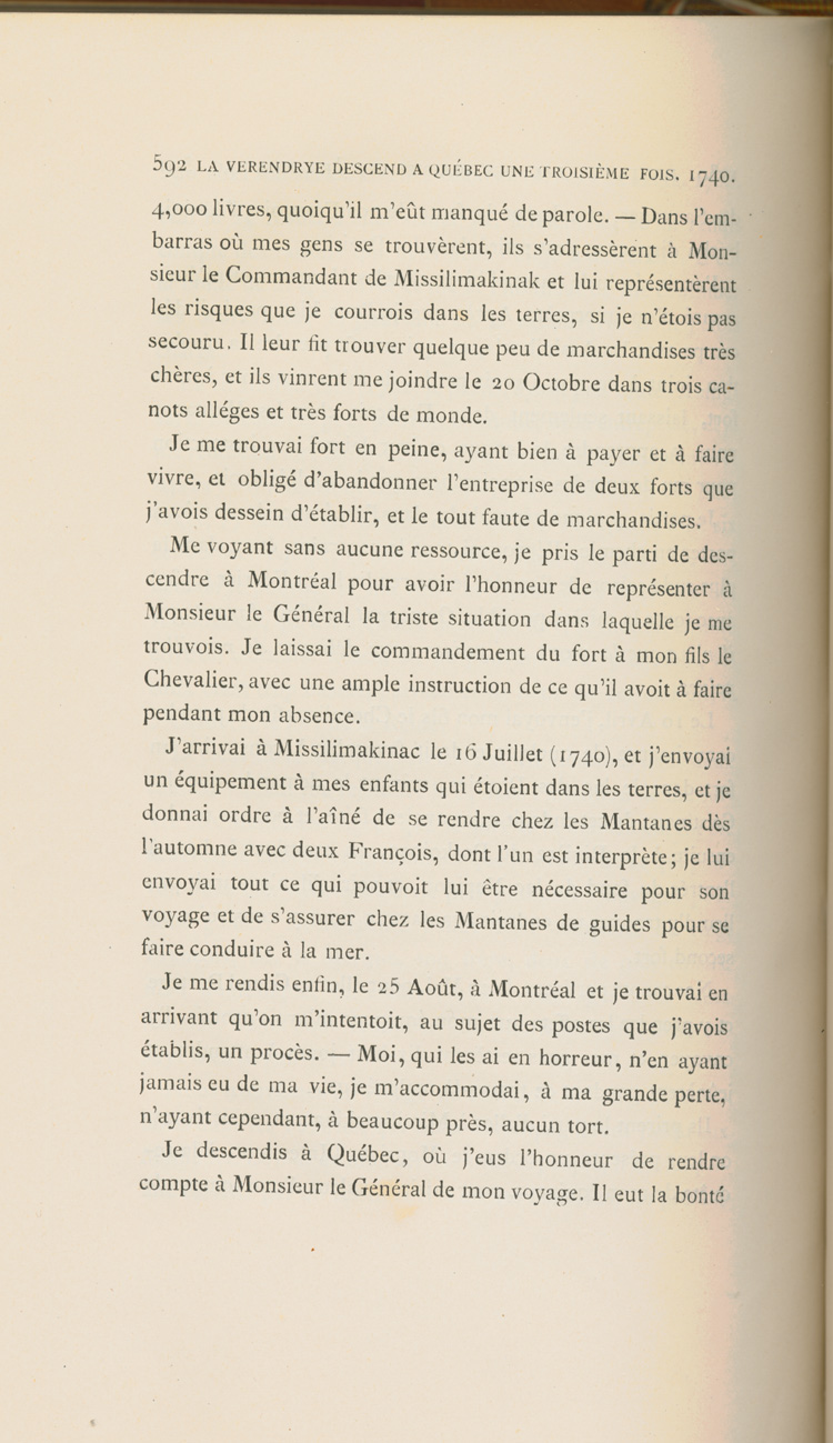 Reproduction de la cinq cent quatre-vingt-douzi&egrave;me page du sixi&egrave;me volume de D&eacute;couverte et &eacute;tablissements des Fran&ccedil;ais dans l’ouest et dans le sud de l’Am&eacute;rique septentrionale, 1614-1754, de Pierre Margry, comprenant une lettre et un m&eacute;moire de Pierre Gaultier de Varennes, sieur de La V&eacute;rendrye, en date du 31 octobre 1744, qui fait &eacute;tat de ses exp&eacute;ditions vers l’Ouest et des difficult&eacute;s rencontr&eacute;es, 1879-1888.