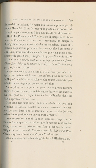 Reproduction de la cinq cent quatre-vingt-treizi&egrave;me page du sixi&egrave;me volume de D&eacute;couverte et &eacute;tablissements des Fran&ccedil;ais dans l’ouest et dans le sud de l’Am&eacute;rique septentrionale, 1614-1754, de Pierre Margry, comprenant une lettre et un m&eacute;moire de Pierre Gaultier de Varennes, sieur de La V&eacute;rendrye, en date du 31 octobre 1744, qui fait &eacute;tat de ses exp&eacute;ditions vers l’Ouest et des difficult&eacute;s rencontr&eacute;es, 1879-1888.