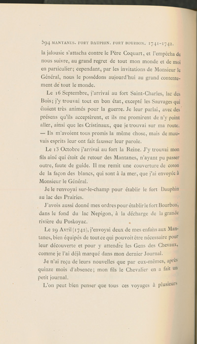 Reproduction de la cinq cent quatre-vingt-quatorzi&egrave;me page du sixi&egrave;me volume de D&eacute;couverte et &eacute;tablissements des Fran&ccedil;ais dans l’ouest et dans le sud de l’Am&eacute;rique septentrionale, 1614-1754, de Pierre Margry, comprenant une lettre et un m&eacute;moire de Pierre Gaultier de Varennes, sieur de La V&eacute;rendrye, en date du 31 octobre 1744, qui fait &eacute;tat de ses exp&eacute;ditions vers l’Ouest et des difficult&eacute;s rencontr&eacute;es, 1879-1888.
