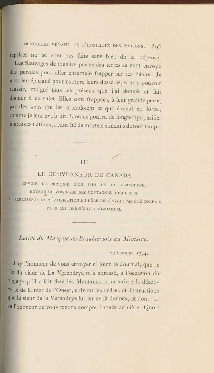 Reproduction de la cinq cent quatre-vingt-quinzi&egrave;me page du sixi&egrave;me volume de D&eacute;couverte et &eacute;tablissements des Fran&ccedil;ais dans l’ouest et dans le sud de l’Am&eacute;rique septentrionale, 1614-1754, de Pierre Margry, comprenant une lettre et un m&eacute;moire de Pierre Gaultier de Varennes, sieur de La V&eacute;rendrye, en date du 31 octobre 1744, qui fait &eacute;tat de ses exp&eacute;ditions vers l’Ouest et des difficult&eacute;s rencontr&eacute;es, 1879-1888.